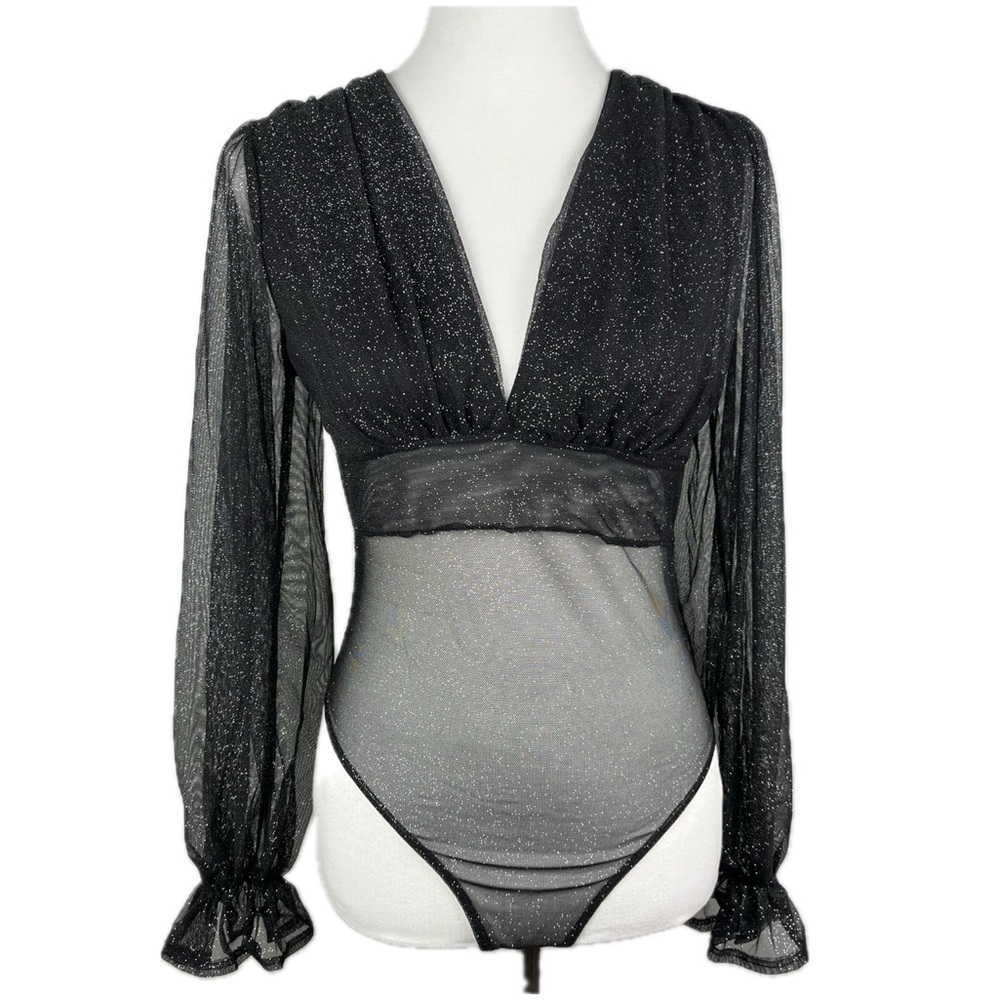 A3 Design Glitter Black Mesh Bodysuit Sz L Sheer Y2K 90’s Whimsigoth Fairy Club